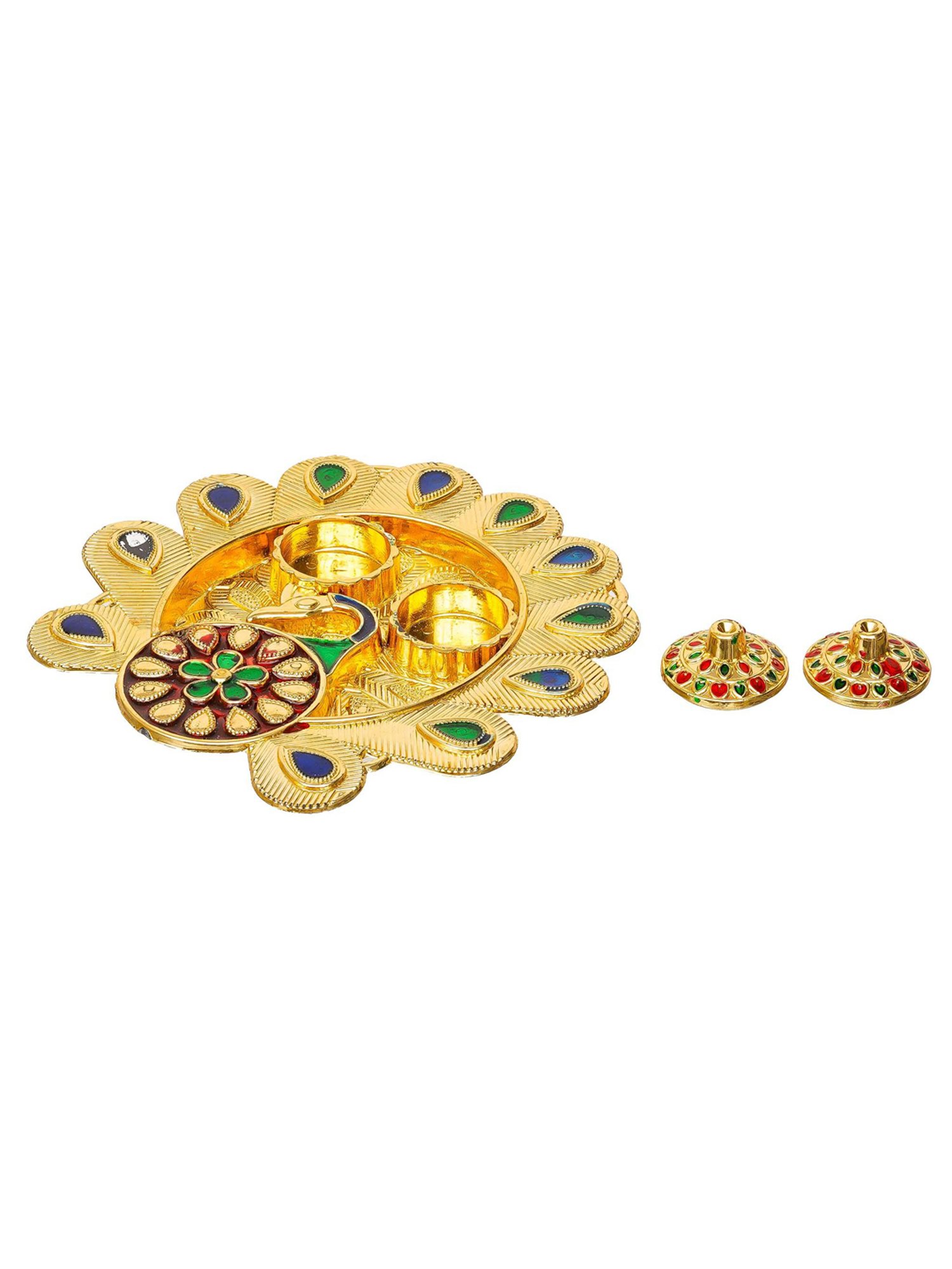 eCraftIndia Beautiful Peacock Feather Decorative Pooja Thali for Diwali, Navratri