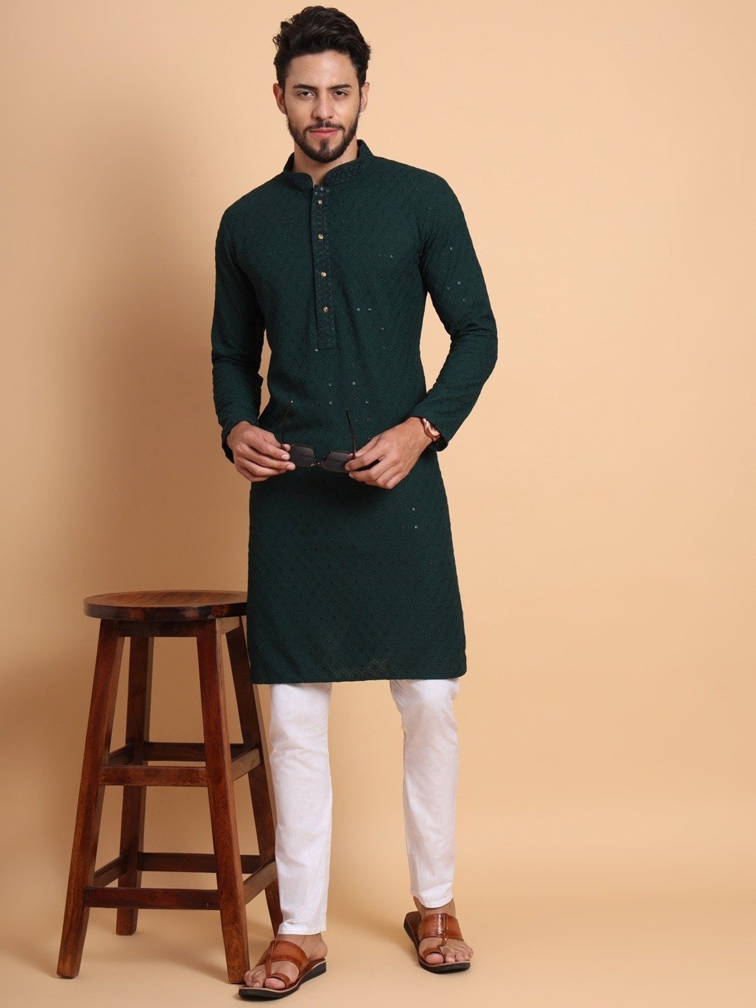 SWAGG INDIA Forest Green Regular Fit Embroidered Kurta