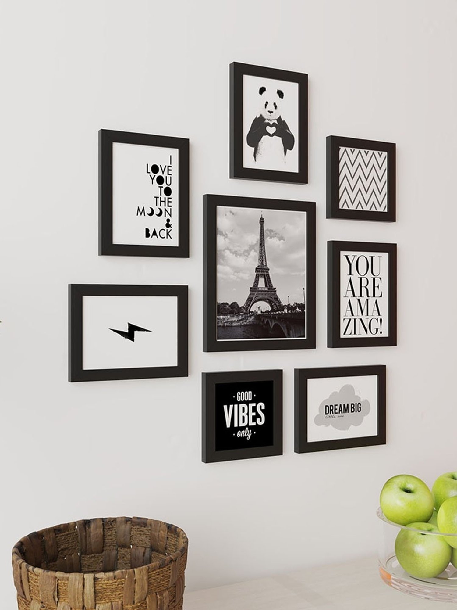 Art Street Black Engineered Wood Wall Quotes Frame Posters - Set of 8