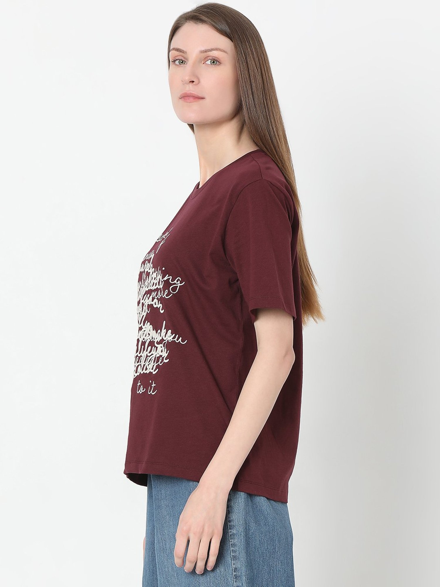 Vero Moda Wine Cotton Embroidered T-Shirt
