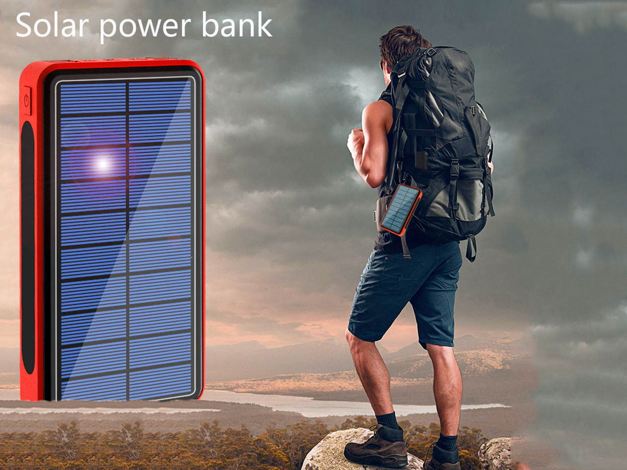Lurkwolfer Solar Charger Power Bank 30000mAh Portable Charger with 4 USB 2.4A Outputs, External Battery Pack with Ultra Bright LED Flashlights Phone Chargers for Phone, Tablet and Camping Outdoors