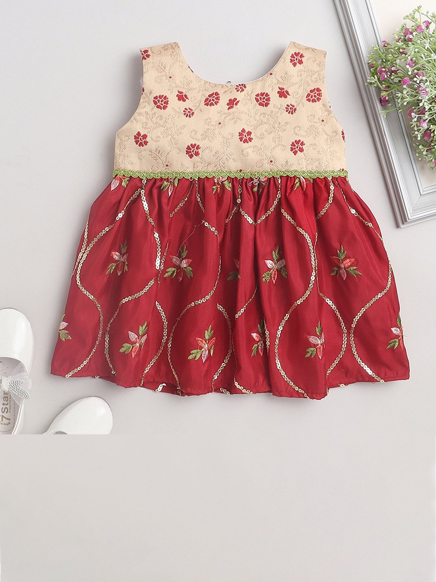 Many Frocks Kids Beige & Maroon Embroidered Dress