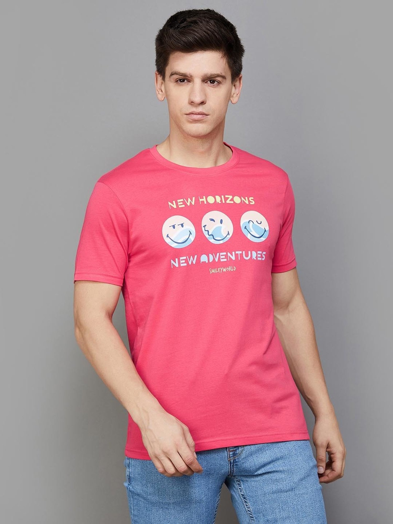 SmileyWorld Pink Regular Fit Printed Crew T-Shirt