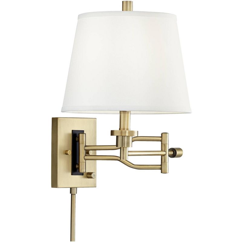 Barnes and Ivy Modern Swing Arm Wall Lamp Brushed Satin Brass Plug-In Light Fixture White Linen Empire Shade for Bedroom Bedside