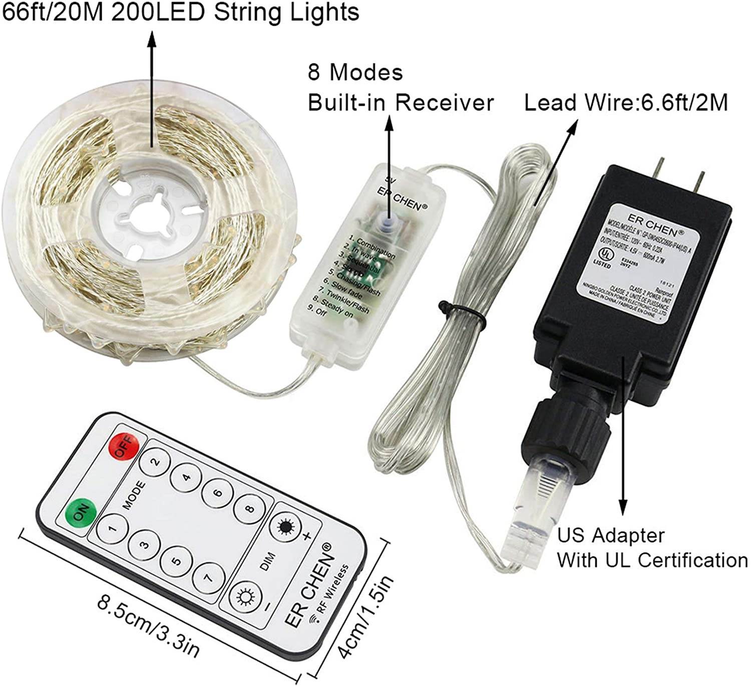 ER CHEN 66ft Led String Lights, 200 Led Fairy Starry Lights on 20M Silver Coating Copper Wire String Lights for Christmas (Blue)