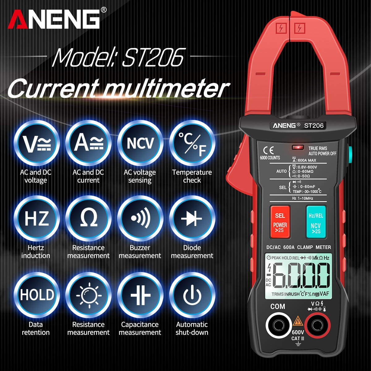 ANENG Digital Clamp Meter AC/DC Current Clamp True-RMS Multimeter Auto-Ranging Multi Tester with Amp Volt Ohm Inrush Current Resistance Capacitance Continuity Diode Temperature Frequency NCV Tests for