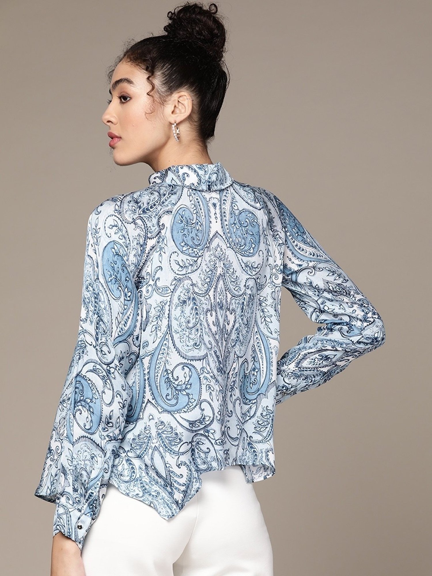 Label Ritu Kumar Blue Satin Printed Asymmetric Satin Shirt