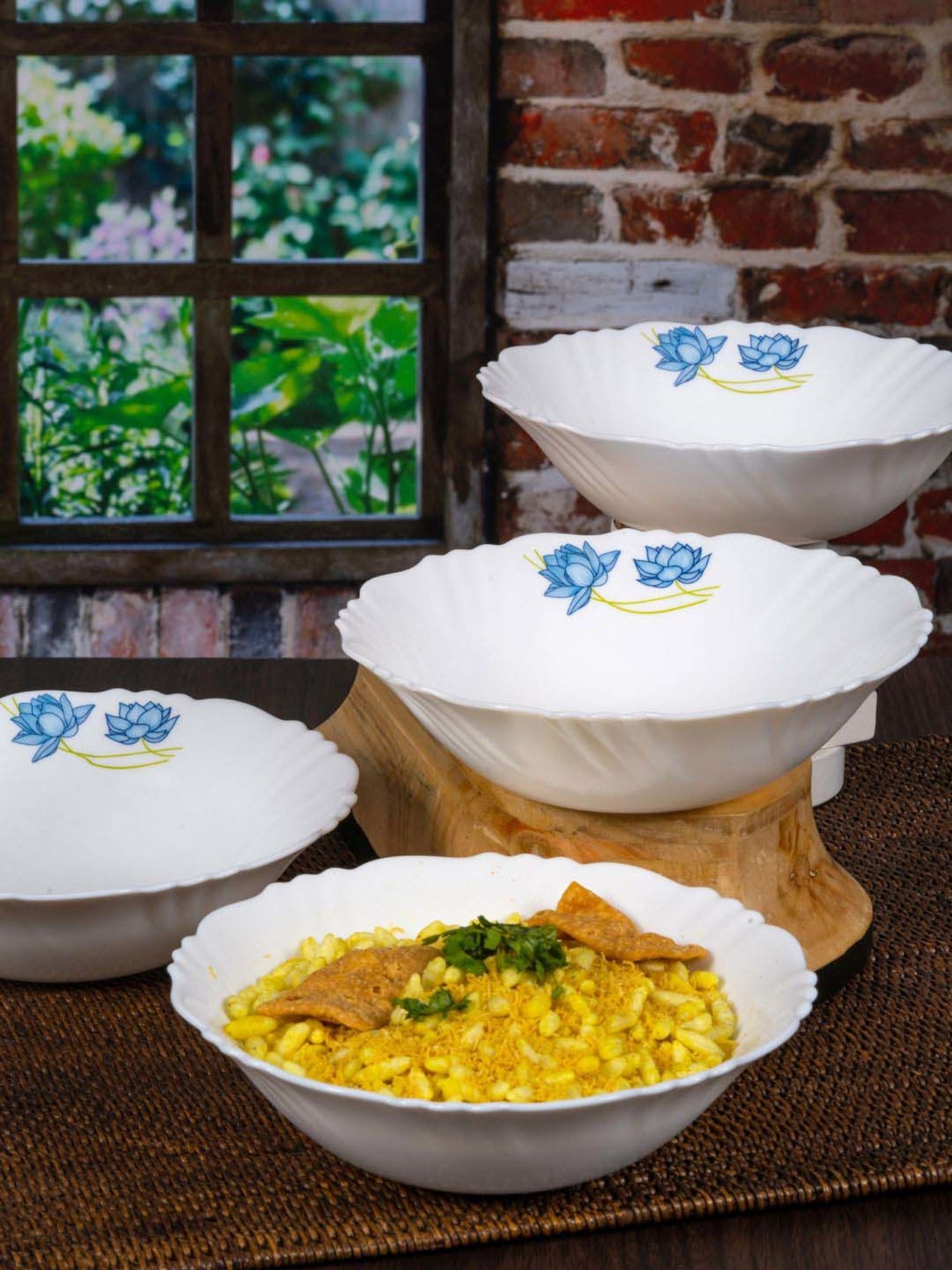 Cello White & Blue Opalware Snack Bowl (0.42 L) - Set of 4