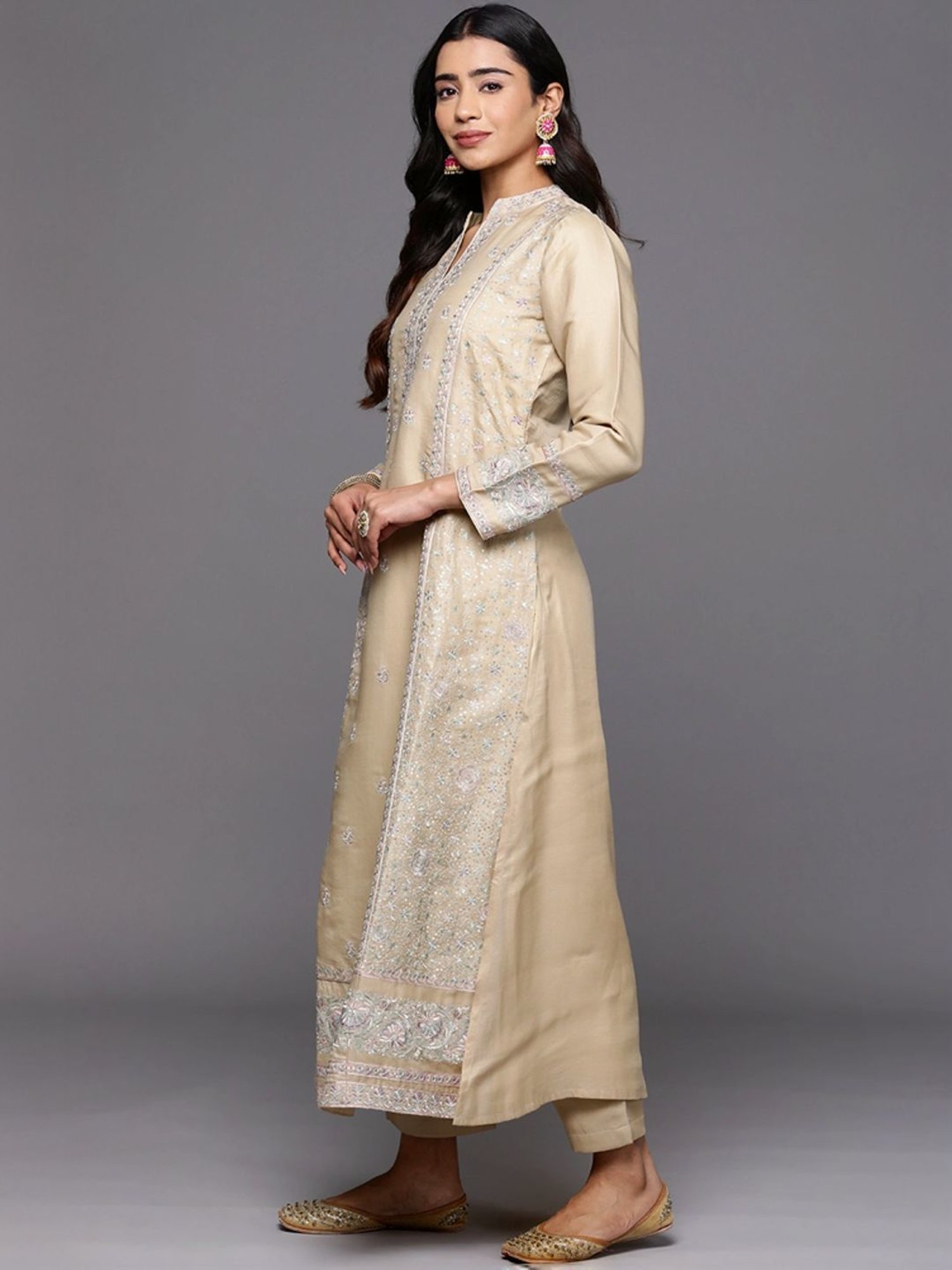 Libas Art Beige Embroidered Kurta Pant Set With Dupatta