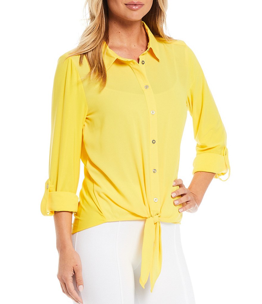 Slim Factor by Investments Hannah Point Collar Neck Roll-Tab 3/4 Sleeve Button Down Tie-Front Top