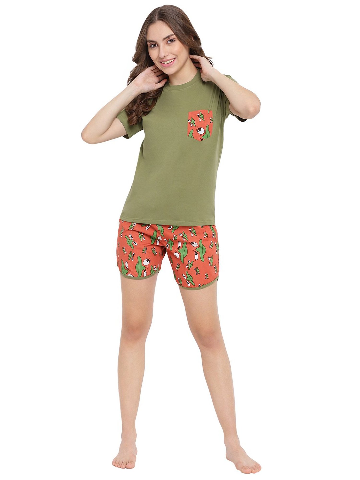 La Intimo Green Printed T-Shirt With Shorts