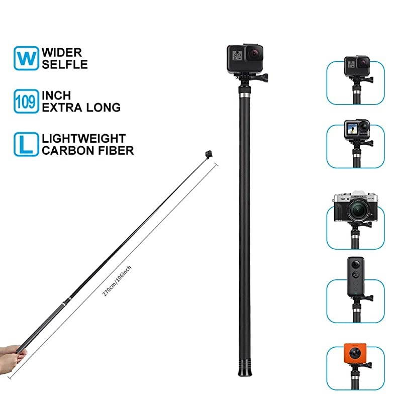 Ultra Long Selfie Stick for GoPro Hero 7 Hero 6 Hero 5 Black 2018 Hero 4 3+ Session DJI OSMO ACTION Camera Extendable at 3 Lengths 22quot 472quot 106quot Carbon Fiber Lightweight Pole Monopod