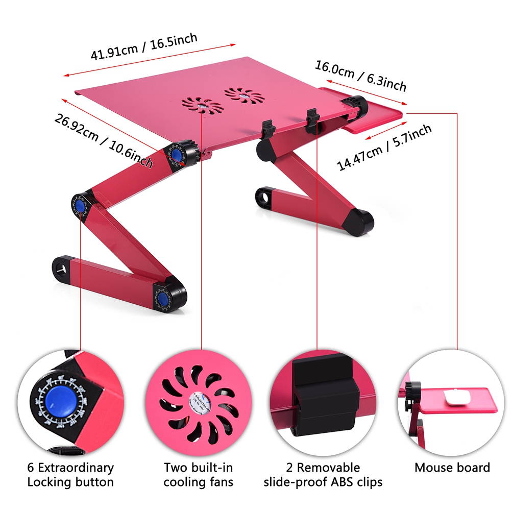 360&deg;Adjustable Foldable Laptop Notebook Desk Table Stand Bed Tray Cooling Fans Rose Red