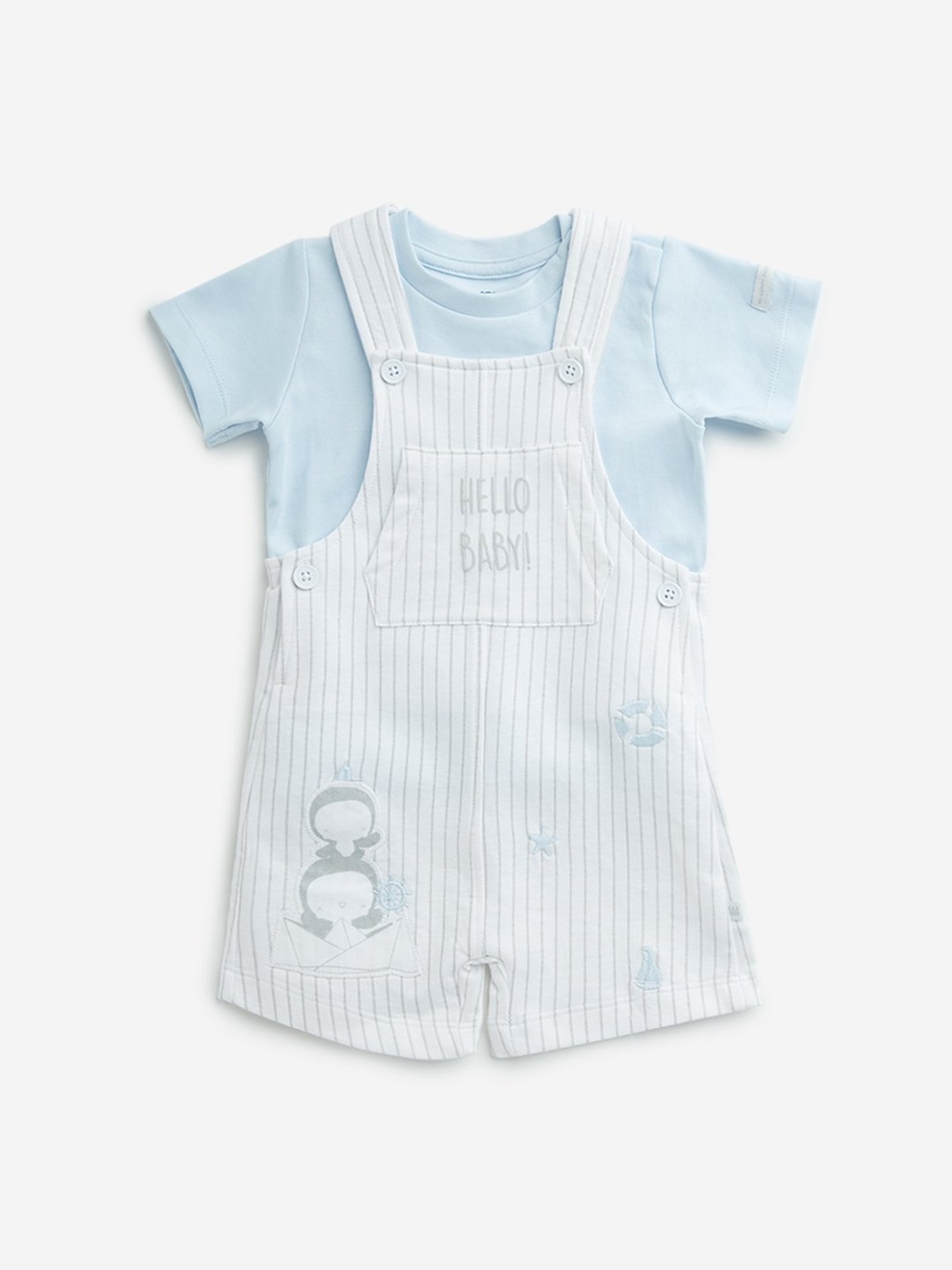 HOP Baby by Westside White Striped Dungaree with Cotton T-Shirt Set