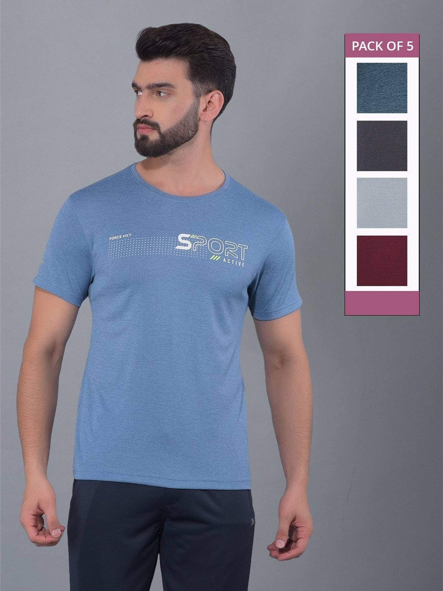 Force NXT Multicolored Regular Fit Printed Sports T-Shirt - Pack Of 5