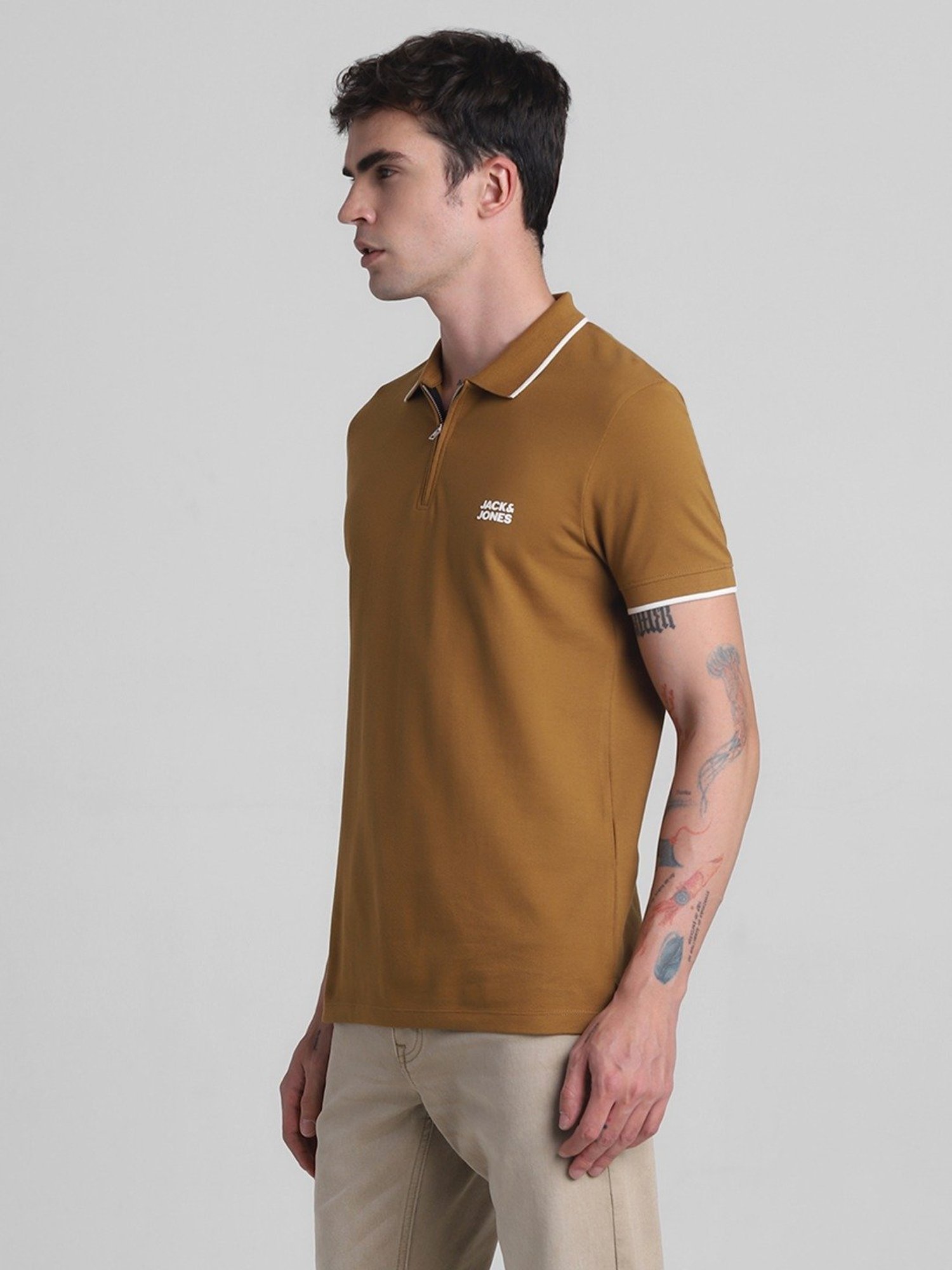 Jack & Jones Bronze Brown Cotton Slim Fit Polo T-Shirt