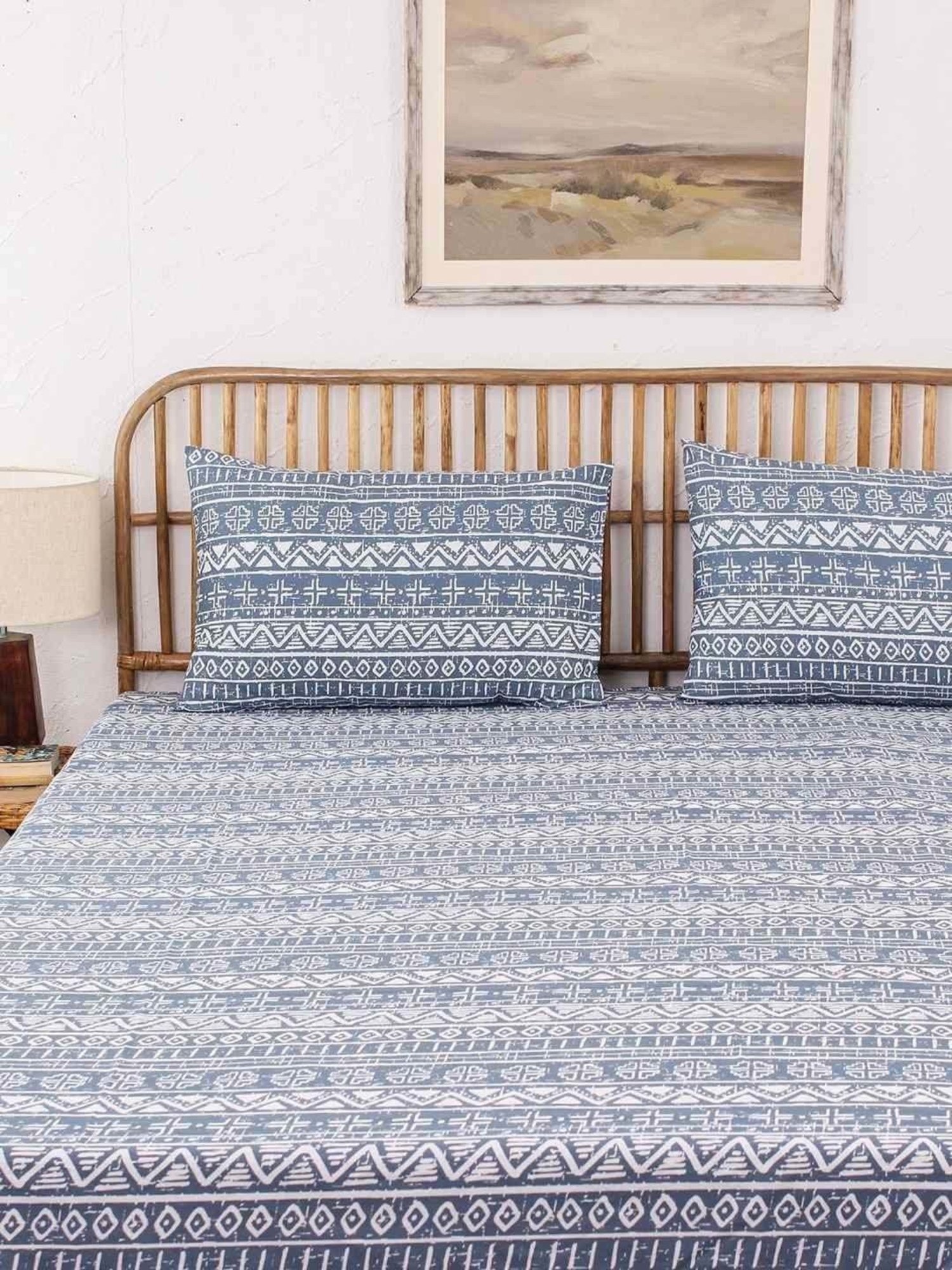 House This Kullu Patti Blue Cotton 144 TC Single Size Bedsheet With Pillow Covers