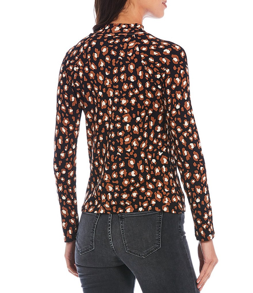 Skies Are Blue Leopard Print Mock Neck Long Sleeve Top