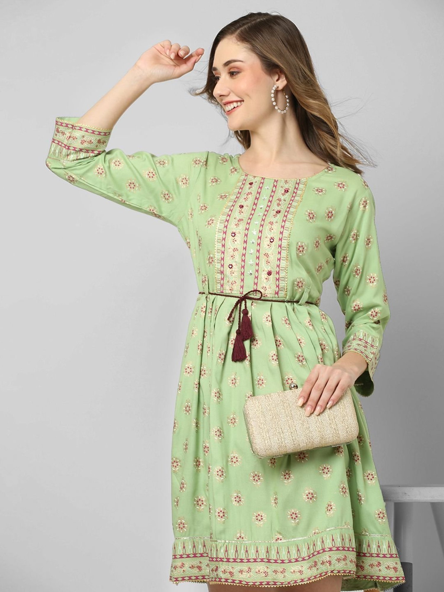 KIANA Green Printed A-Line Dress