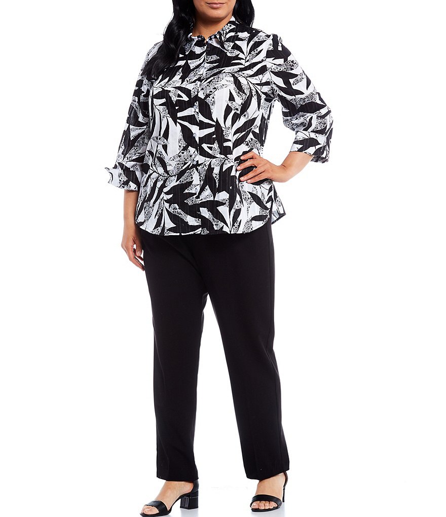 Allison Daley Plus Size Paradise Leaf Geo Print Point Collar Neck 3/4 Sleeve Flip-Cuff Button Front Cotton Shirt