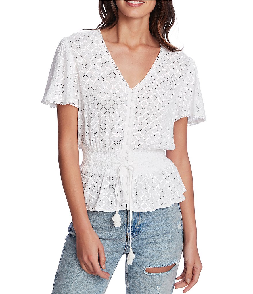 1. STATE Button Front Embroidered Gauze Top