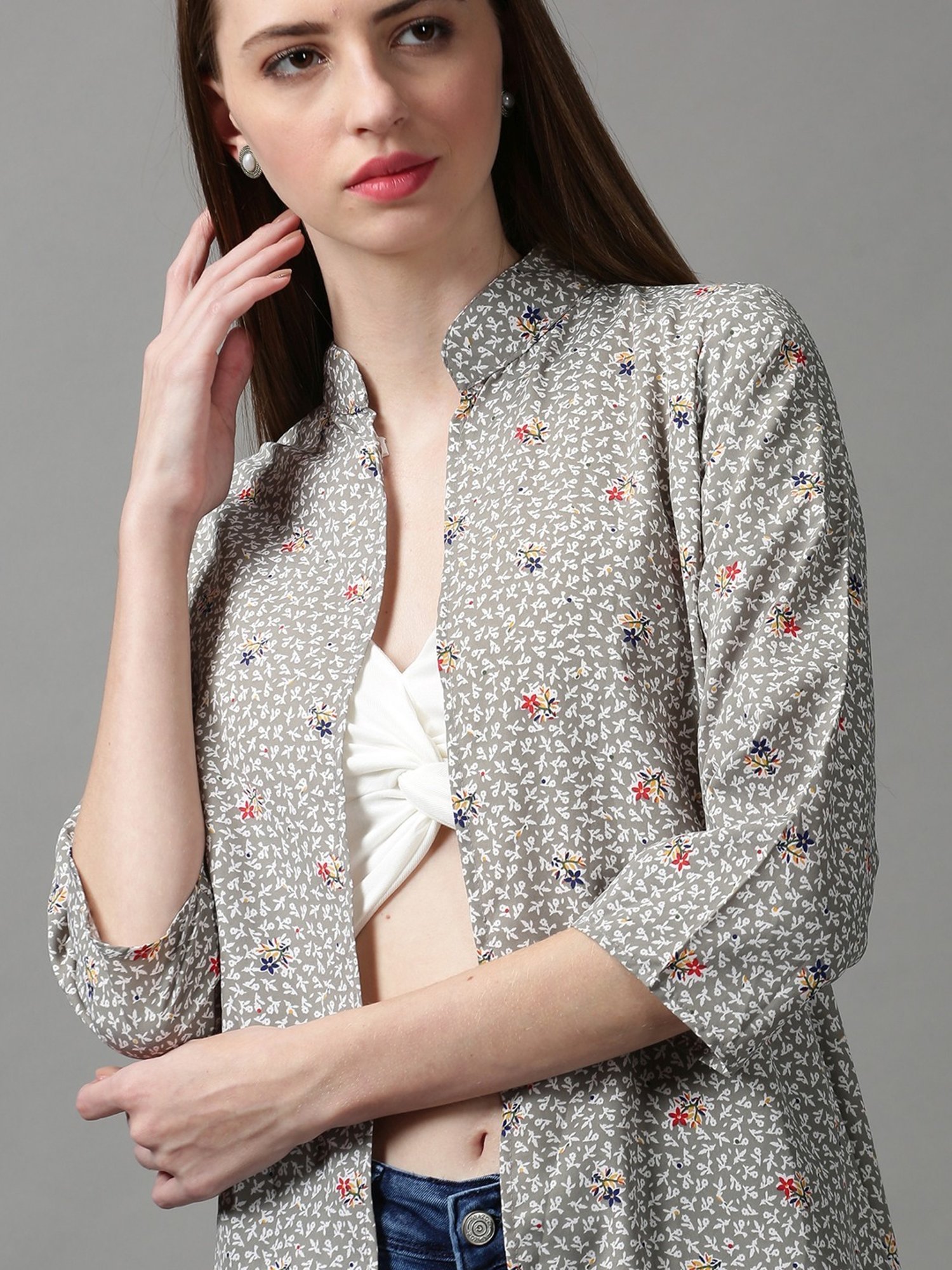 SHOWOFF Grey Printed Longline Shrug