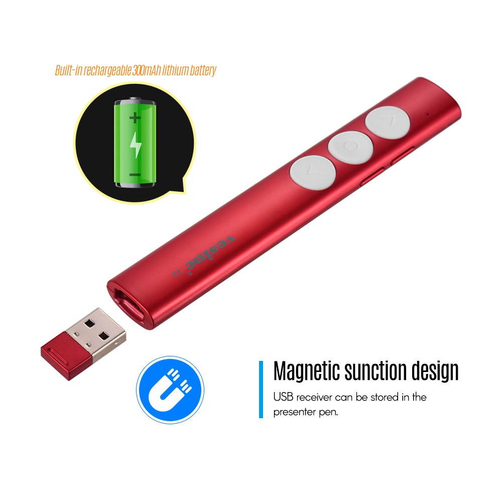 Vesine 2.4GHz RF Wireless Presenter with USB Receiver Red Light Professional PowerPoint PPT Clicker Presentation Remote Control Pointer Pen Support Hyperlink Volume Control Rechargeable for School & O