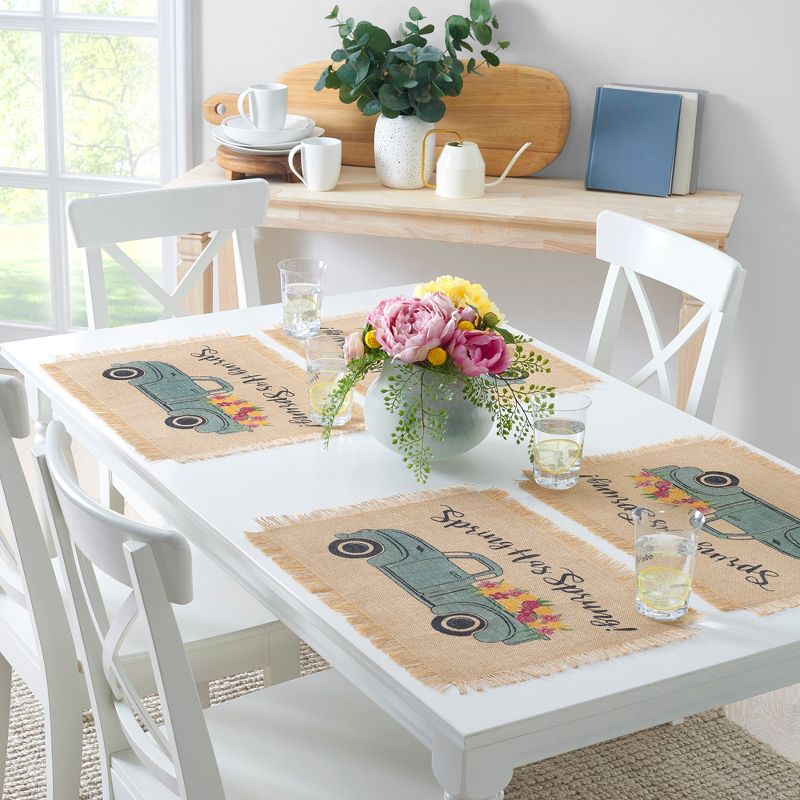 Farmhouse Living Spring Has Sprung Vintage Farm Truck Burlap Placemat - Set of 4 - 13" x 19" - Natural - Elrene Home Fashions