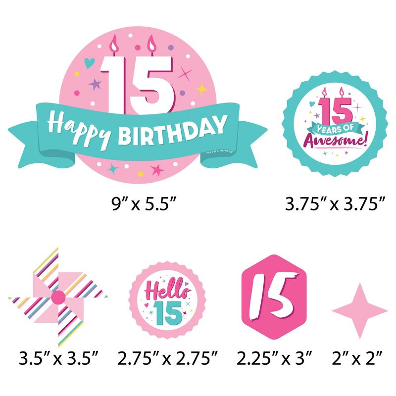 Big Dot of Happiness Girl 15th Birthday - Teen Birthday Party Cake Decorating Kit - Happy Birthday Cake Topper Set - 11 Pieces