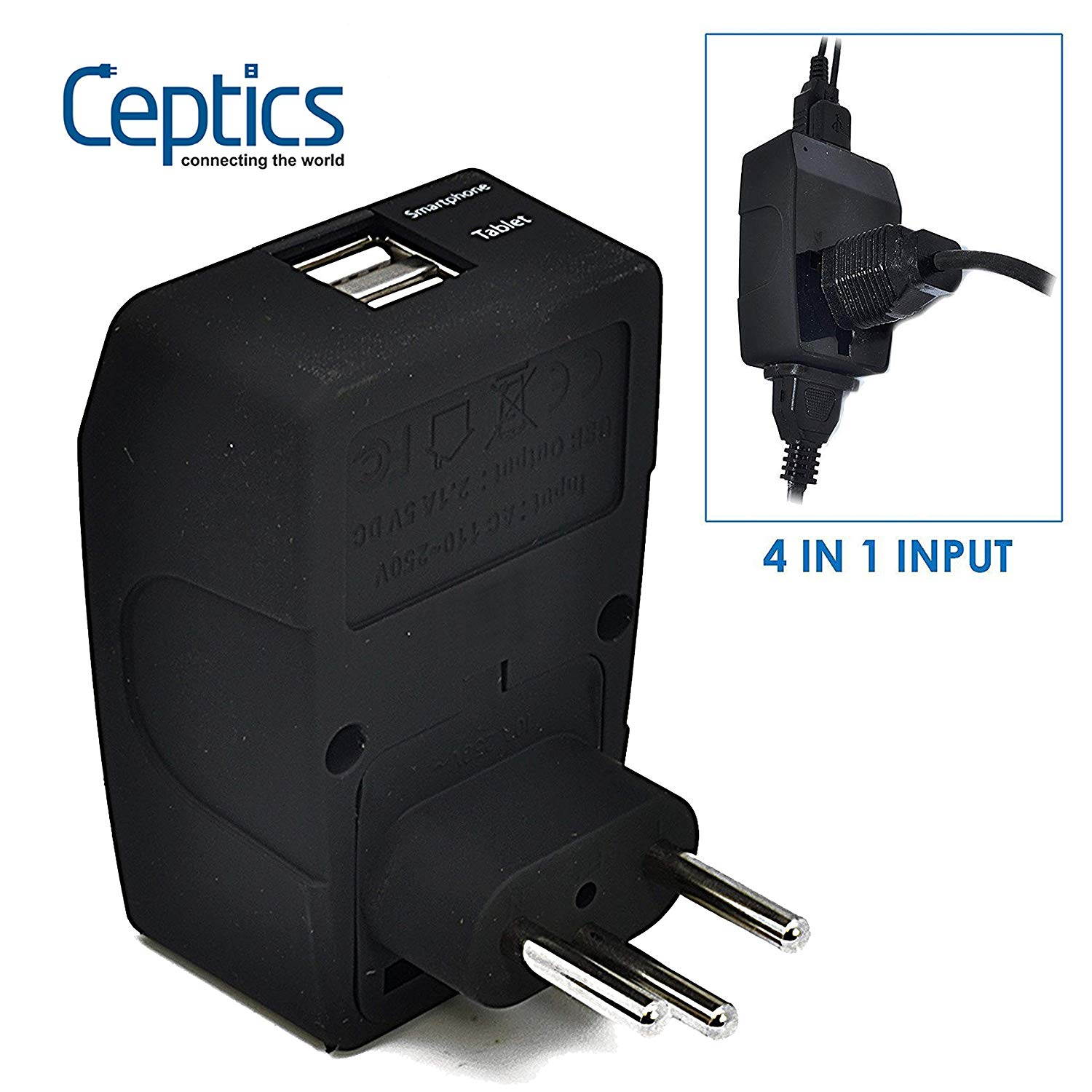 Ceptics 2 USB Brazil Travel Adapter - 4 in 1 Power Plug (Type N), Universal Socket Plug accepts Plugs from any country, Perfect for Cell Phones, Laptops, Chargers and More  (GP4-11C)