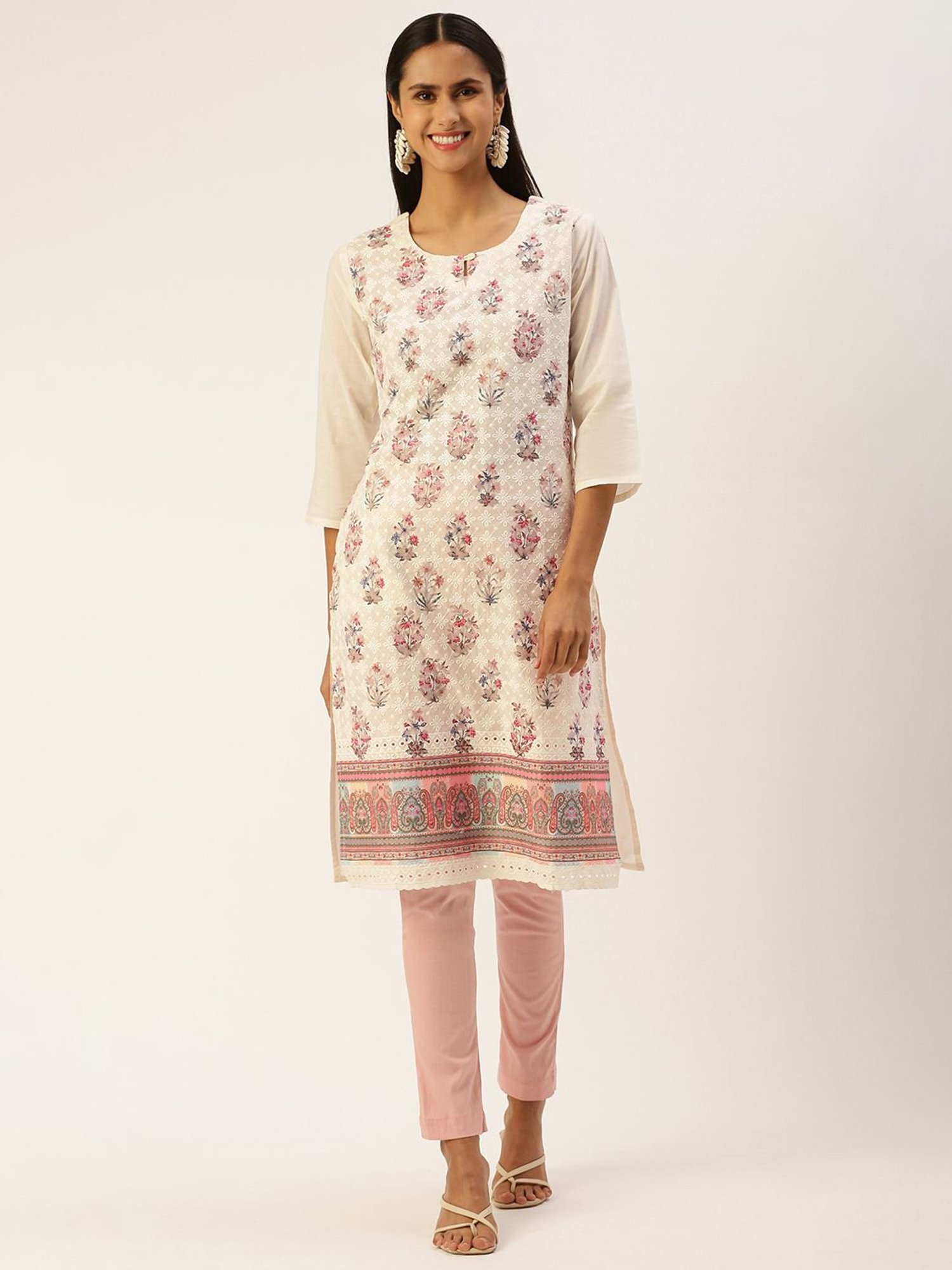 SHANVIKA Cream Embroidered Cotton Straight Kurta