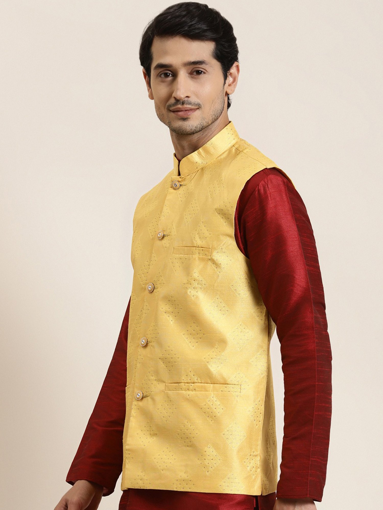 Sojanya Yellow Regular Fit Self Pattern Nehru Jacket