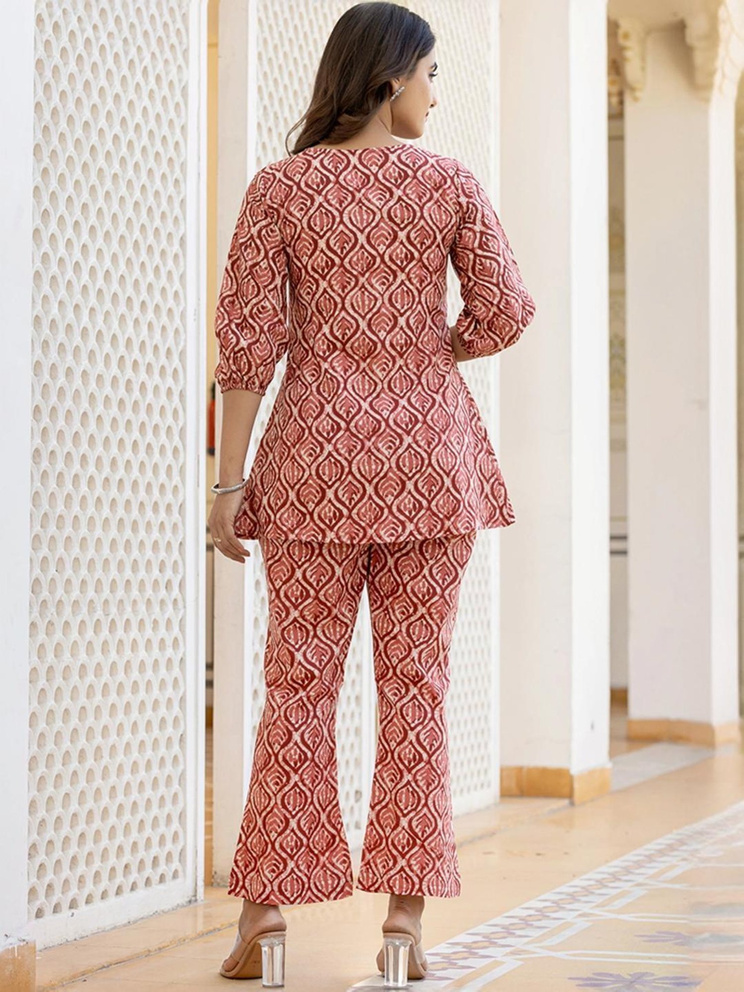 Yufta Maroon Cotton Printed Tunic Pant Set