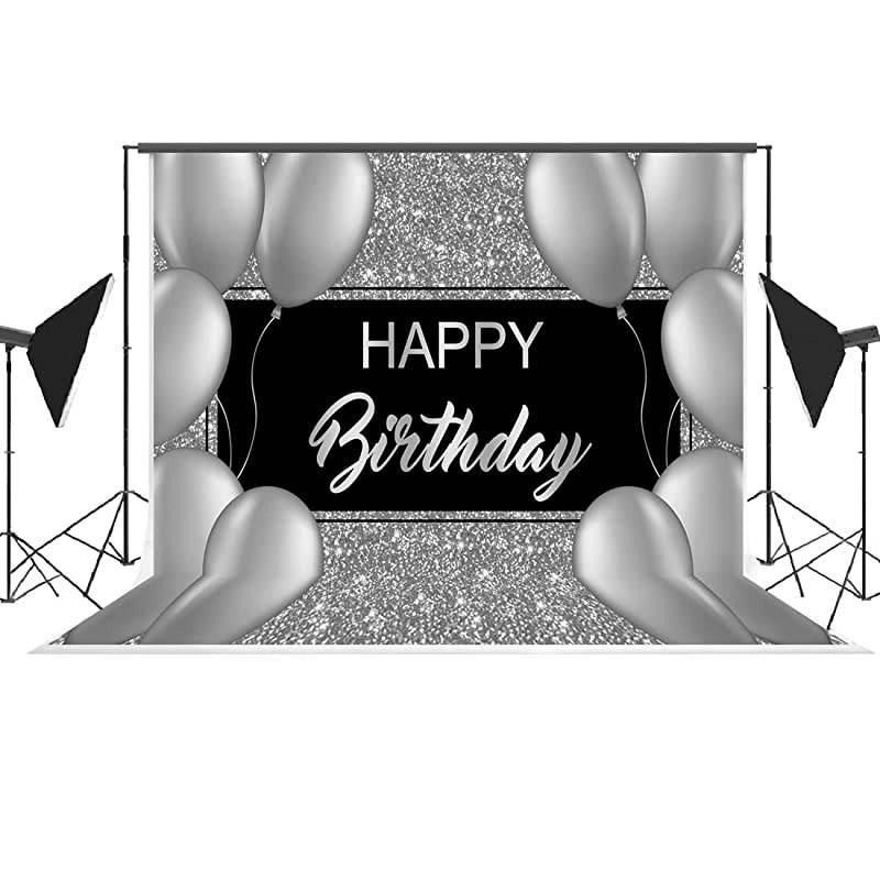 Birthday Backdrop Shinning Sliver and Gery Balloons Birthday Photography Background Black Birthday Party Decorations Supplies Photo Booth Props Banner 7x5ft