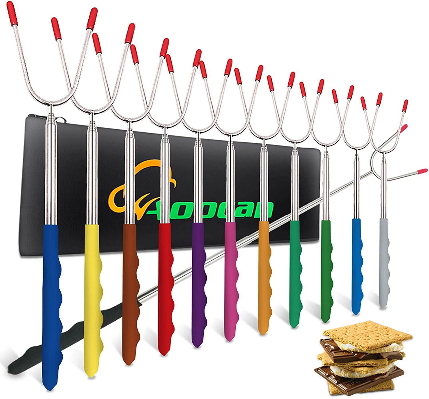 Aoocan Marshmallow Roasting Sticks Set of 12 Extend 45" Smores Sticks for Fire Pit Safe Stainless Telescoping Forks Hot Dog, Campfire, Camping - Multicolor