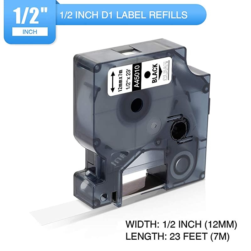 Compatible Replace for Dymo Black on Clear Tape 45010 S0720500 12 Inch W x 23 Feet L Standard Tape Refill for LabelManager PnP 260P 210D 280 420 160 450D Maker