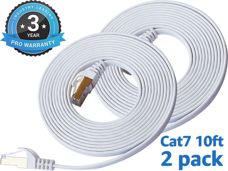 Cat 7 Ethernet Cable 100 ft LAN Cable Internet Network Cord for PS4, Xbox, Router, Modem, Gaming, White Flat Shielded 10 Gigabit RJ45 High Speed Computer Patch Wire.