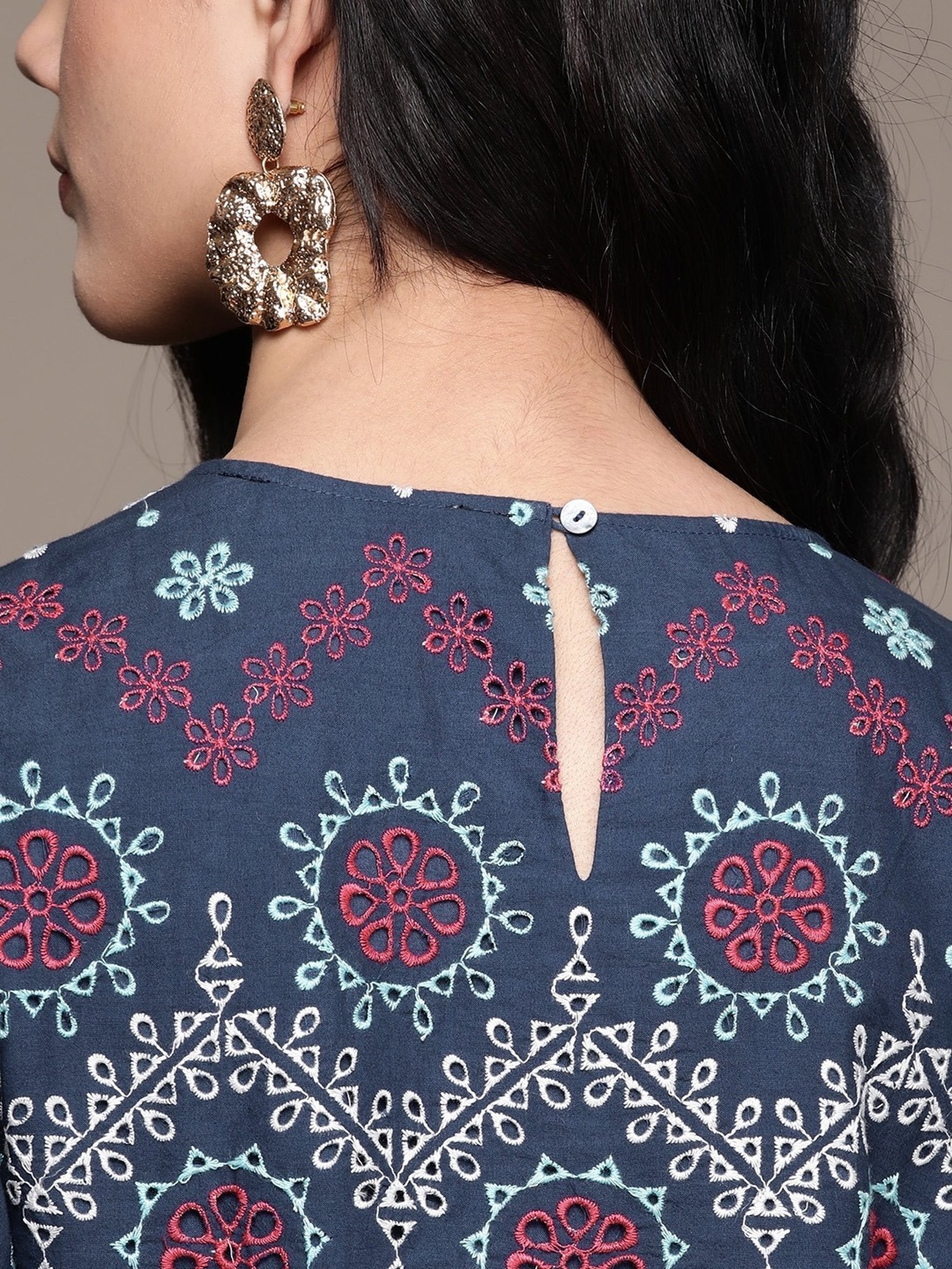 Label Ritu Kumar Navy Blue Cotton Blend Embroidered Crop Top