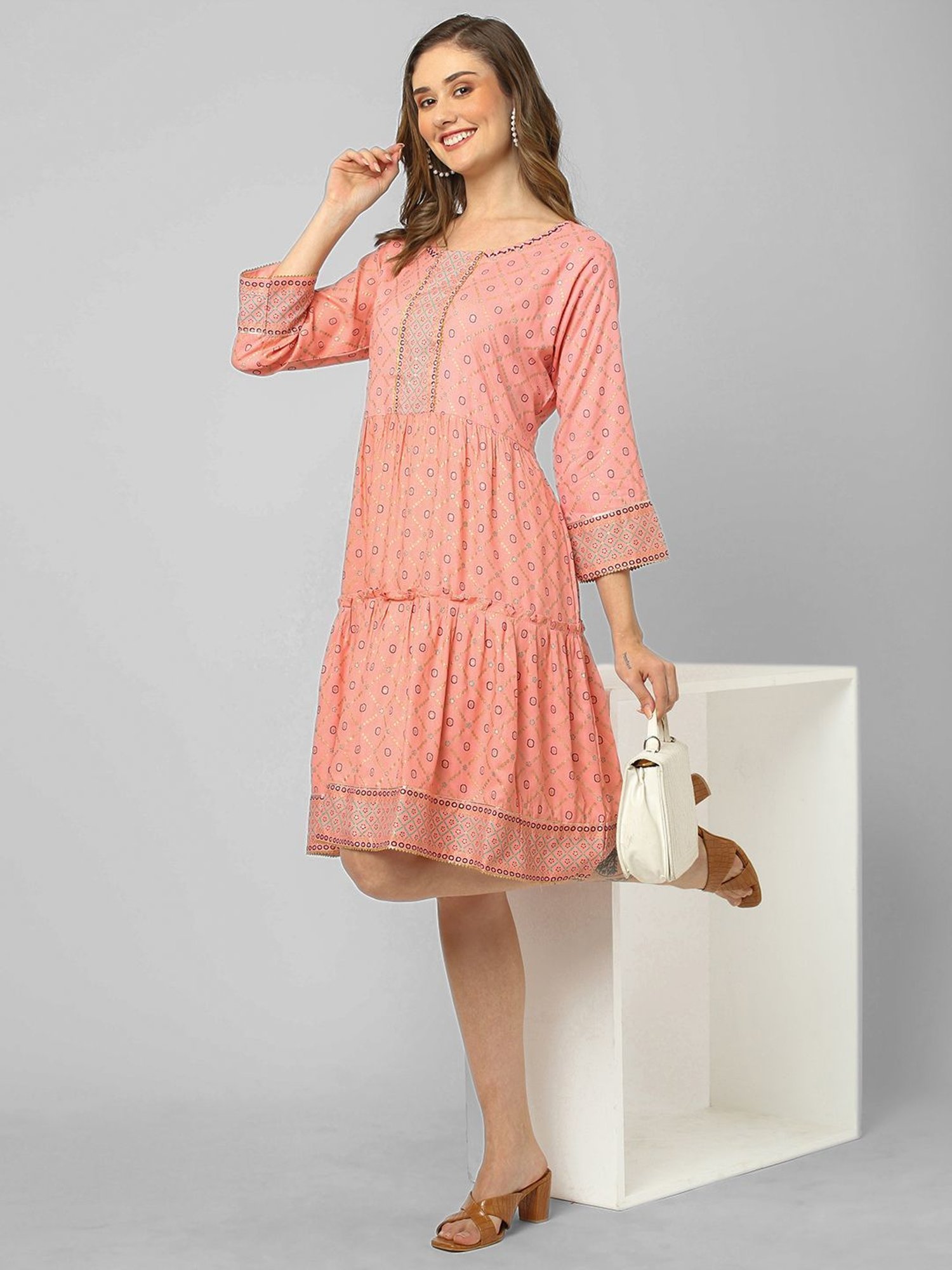 KIANA Pink Printed A-Line Dress