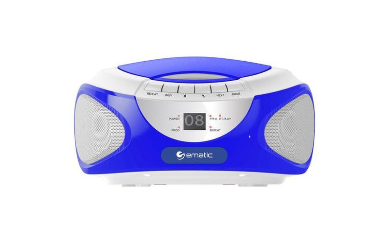 Ematic CD Boombox with Bluetooth Audio & Speakerphone EBB9224 - 1 x Disc Integrated Stereo Speaker - Blue - CD-DA - Auxiliary Input