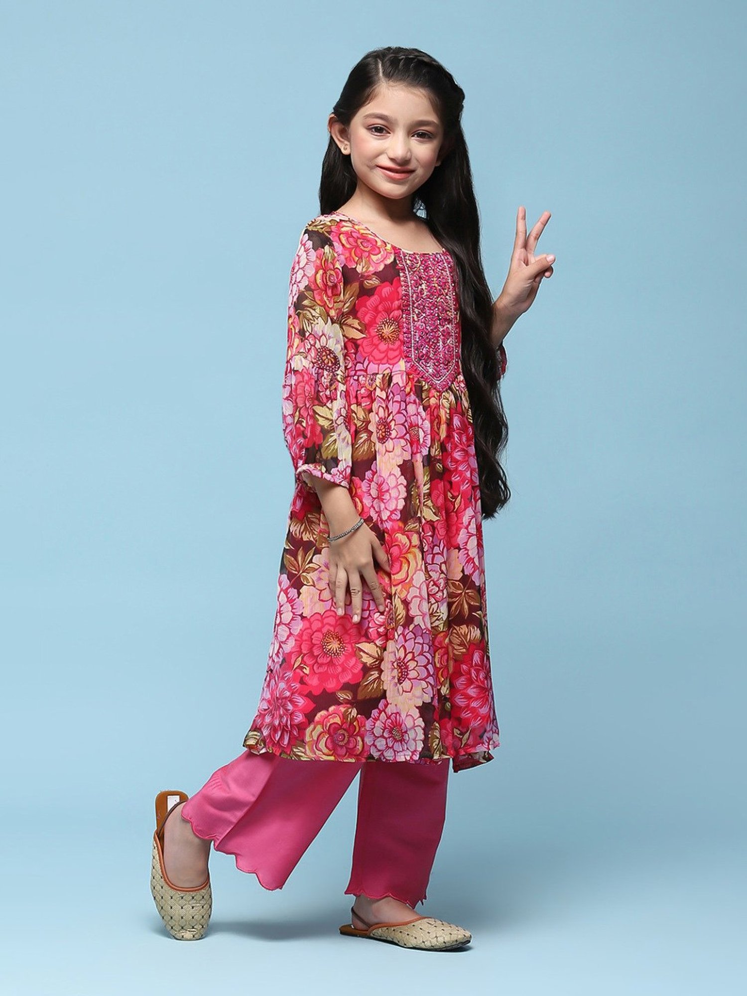 BIBA Girls Kids Pink Floral Print Kurta Set
