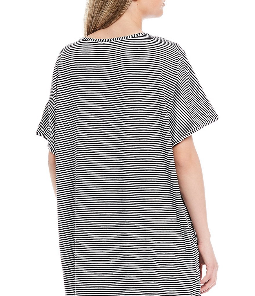 Kate Landry Striped V-Neck Short Sleeve Knit Midi Lounge Dress