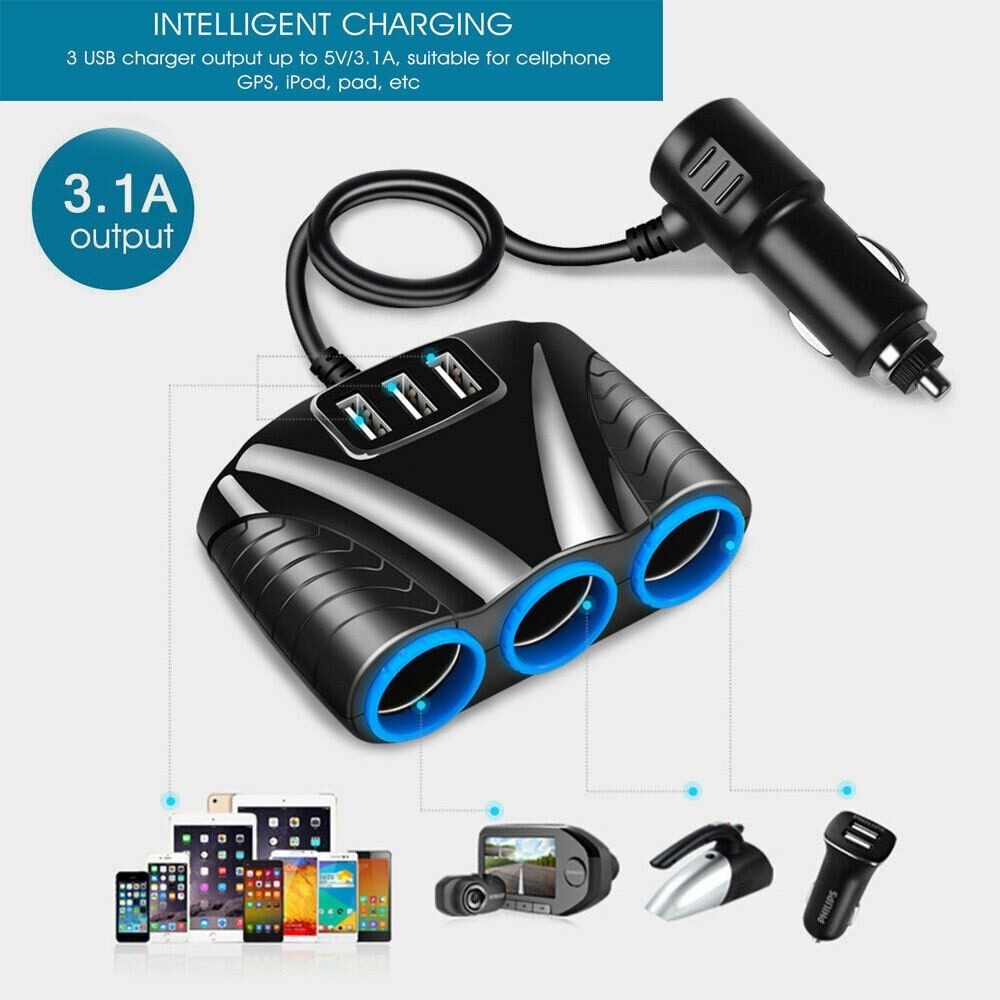 3 way Cigarette Lighter Socket Splitter Three USB Charger Power Adapter Car 12V