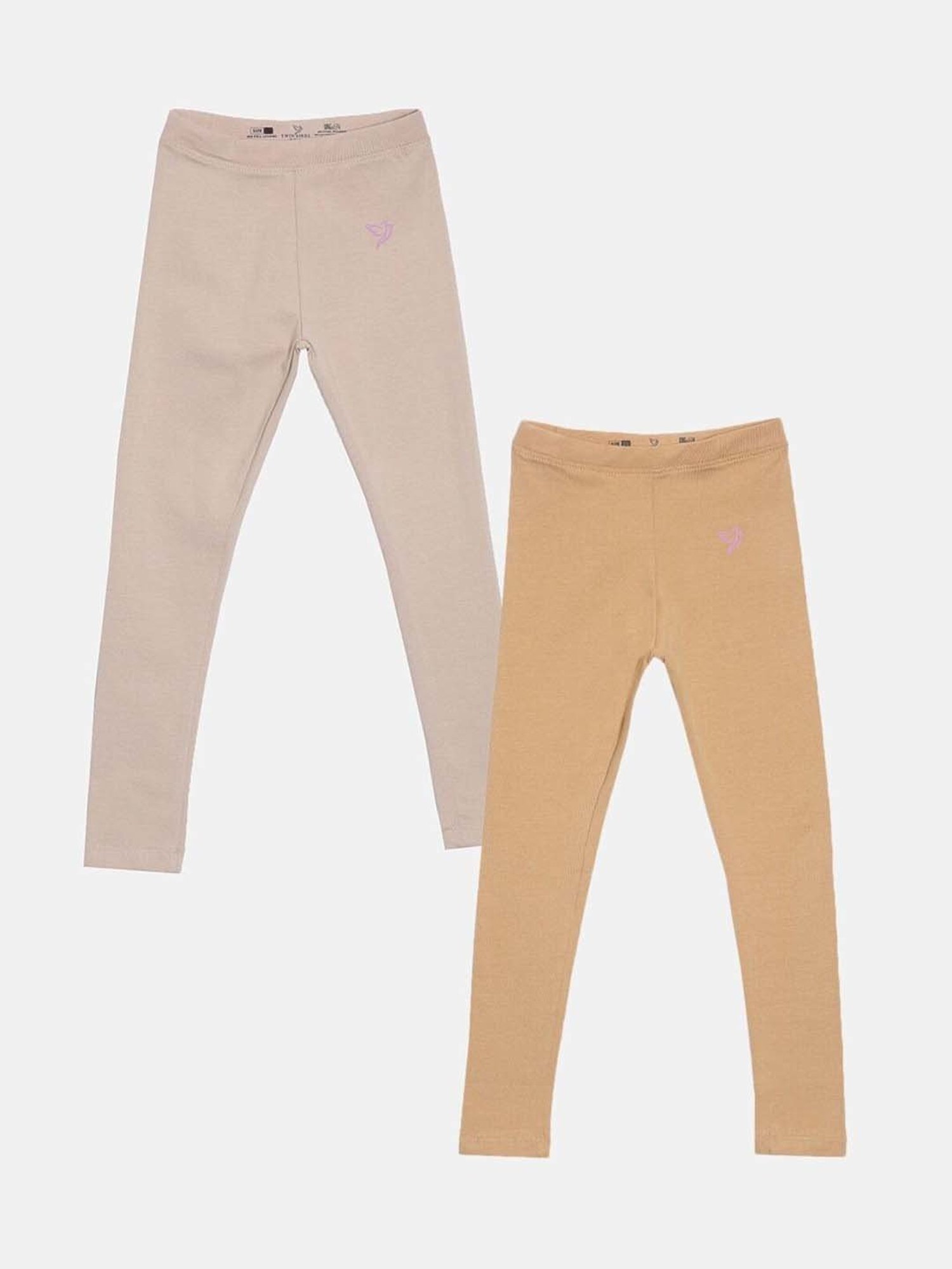 TWIN BIRDS Kids Beige Cotton Regular Fit Leggings (Pack of 2)
