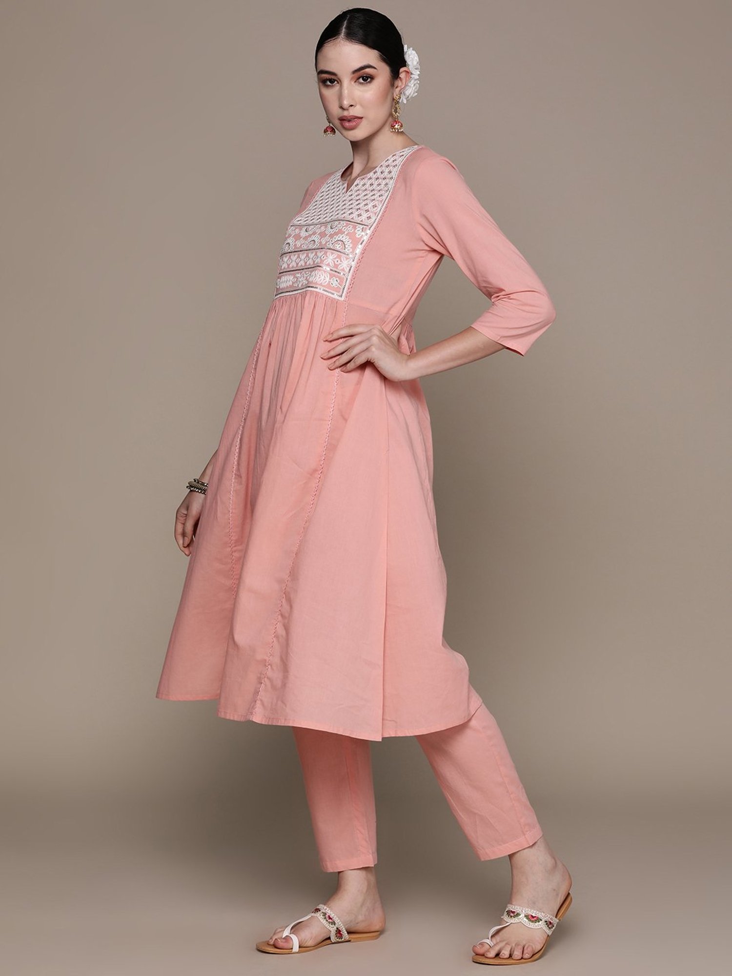 Anubhutee Pink Cotton Embroidered Kurta With Pants & Dupatta
