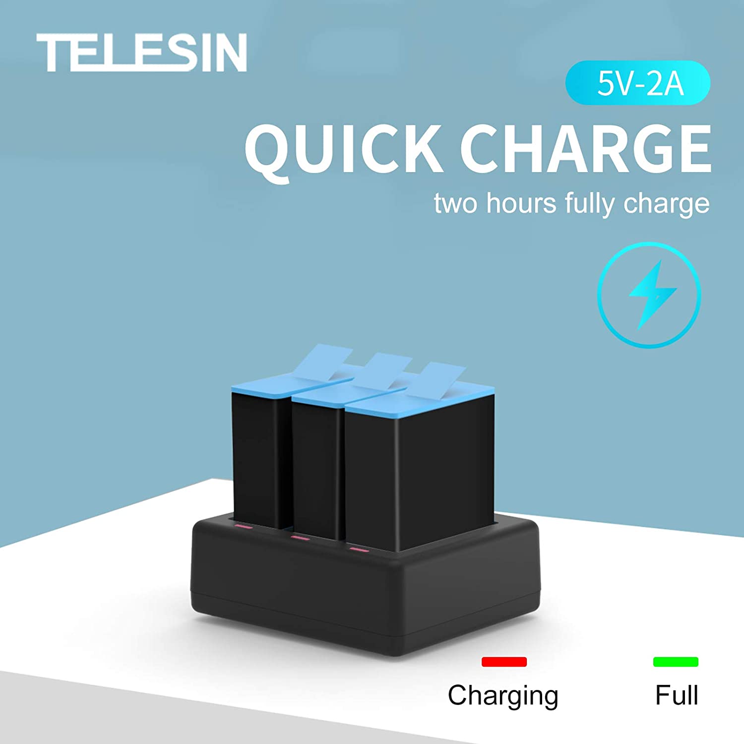TELESIN 3-Channels USB Charger with Type-C Charger Cord for GoPro Hero 9 Black Camera, Fully Compatible with Go Pro 9 Original Batteries