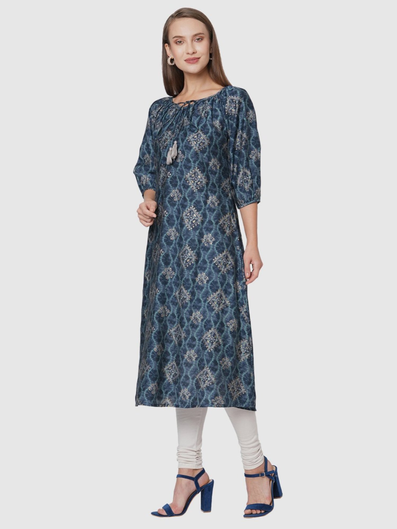 Fusion Beats Blue Printed A Line Kurta
