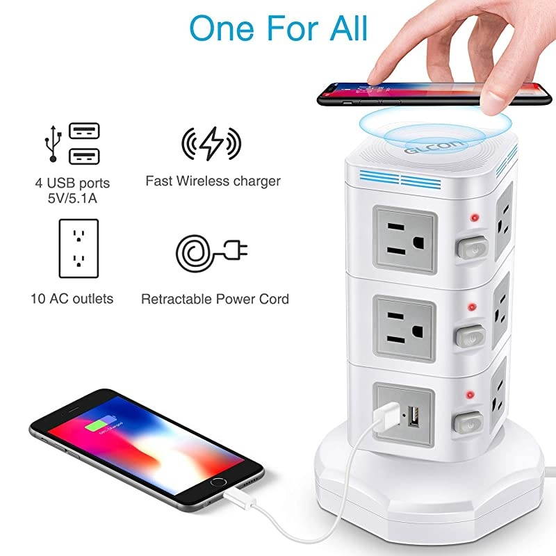 Power Strip Extension Cord with 4 USB Ports 10 Outlets  Surge Protector Power Strip Tower with Wireless Charger for iPhone Samsung Huawei Multi Outlets Plug Charging Station