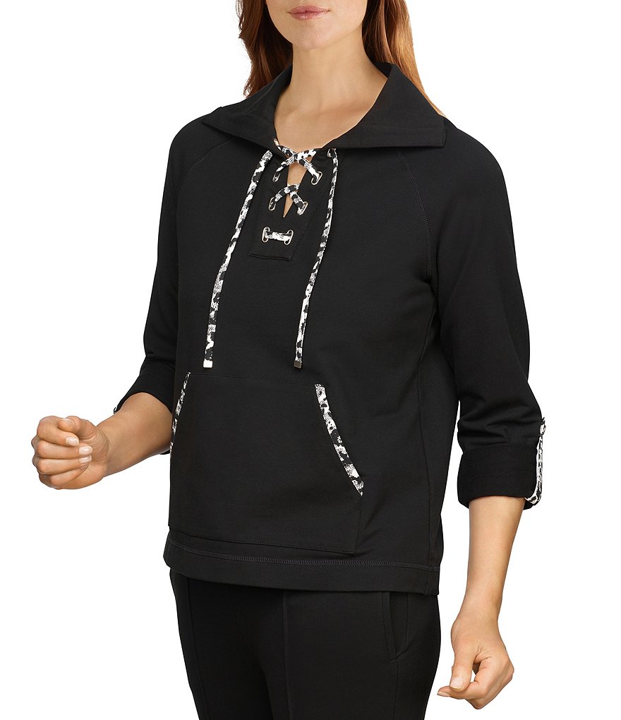Ruby Rd. Contrast Lace Up Front 3/4 Roll-Tab Sleeve Pullover
