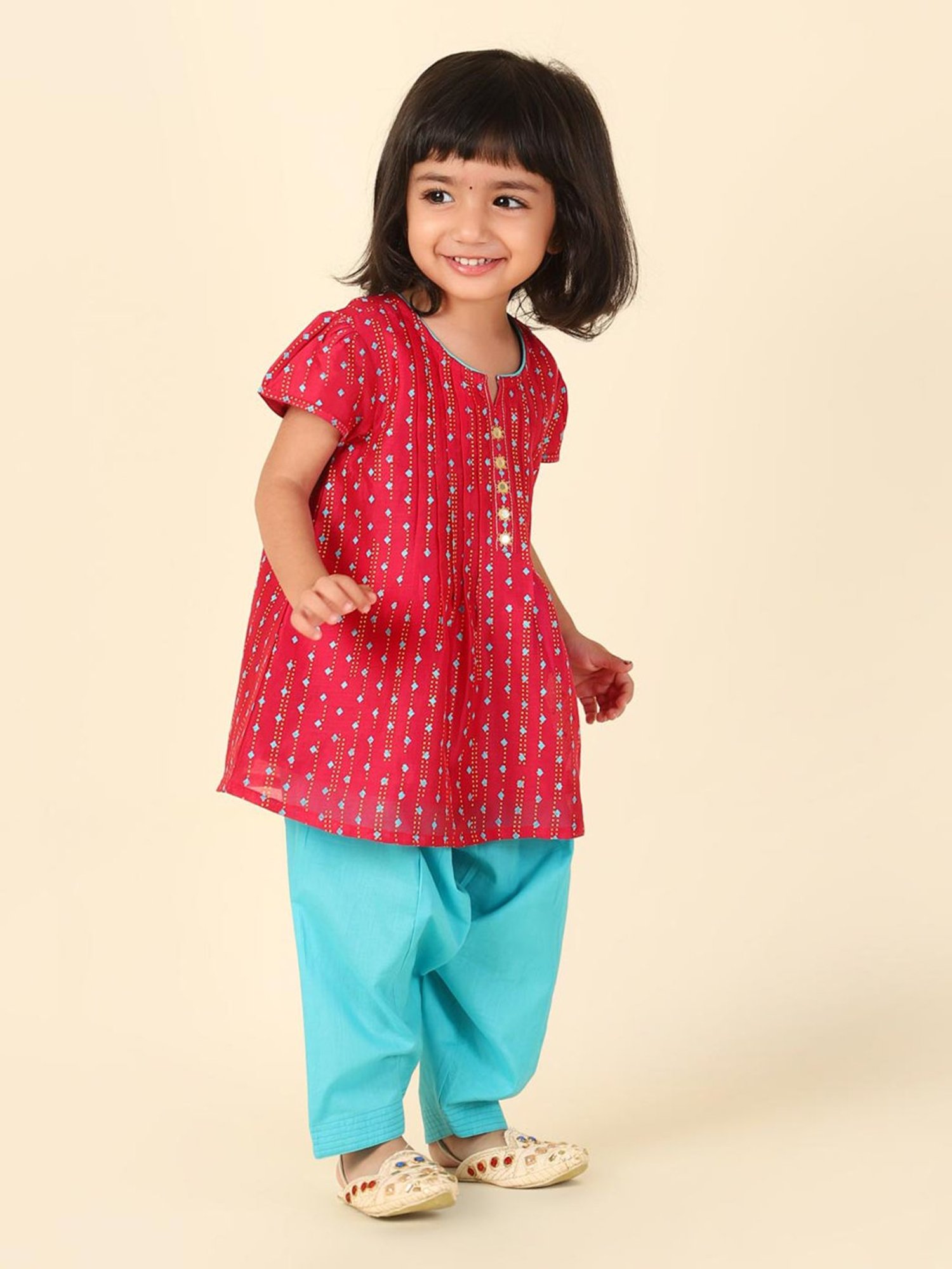Fabindia Kids Red & Turquoise Printed Kurta With Salwar